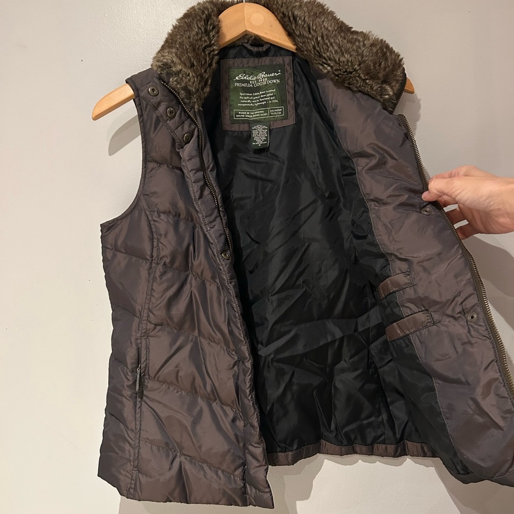 Eddie Bauer Brown Goose Down Jacket with Faux Fur